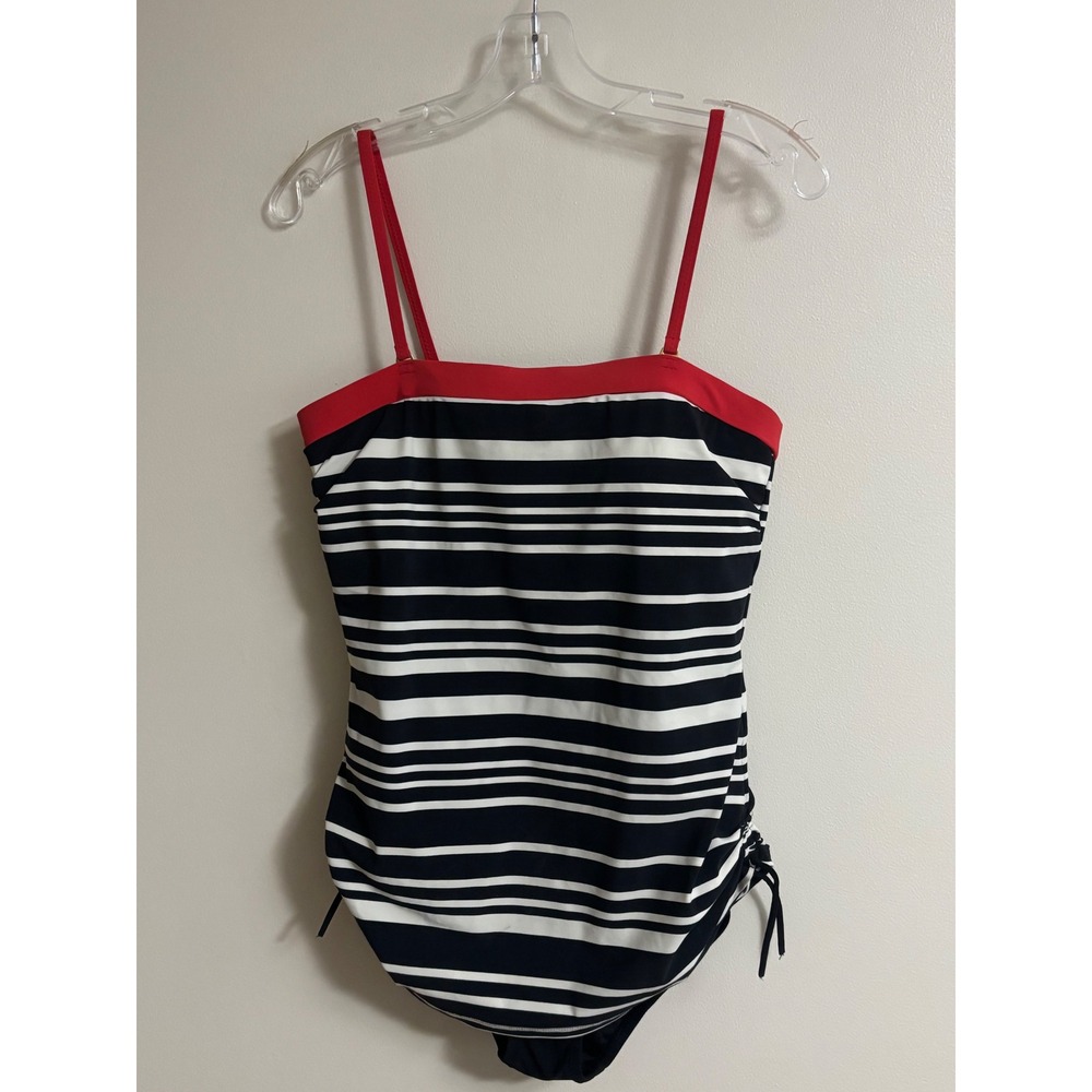 Lands End Nautical Black White Striped One Piece Swimsuit Red Ruched Size 10